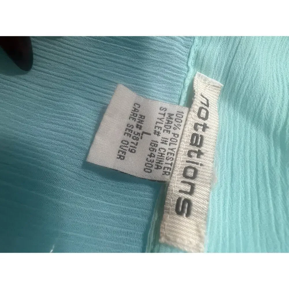 NOTATIONS sheer TURQUOISE RUFFLED button up top womens size large - Picture 3 of 8